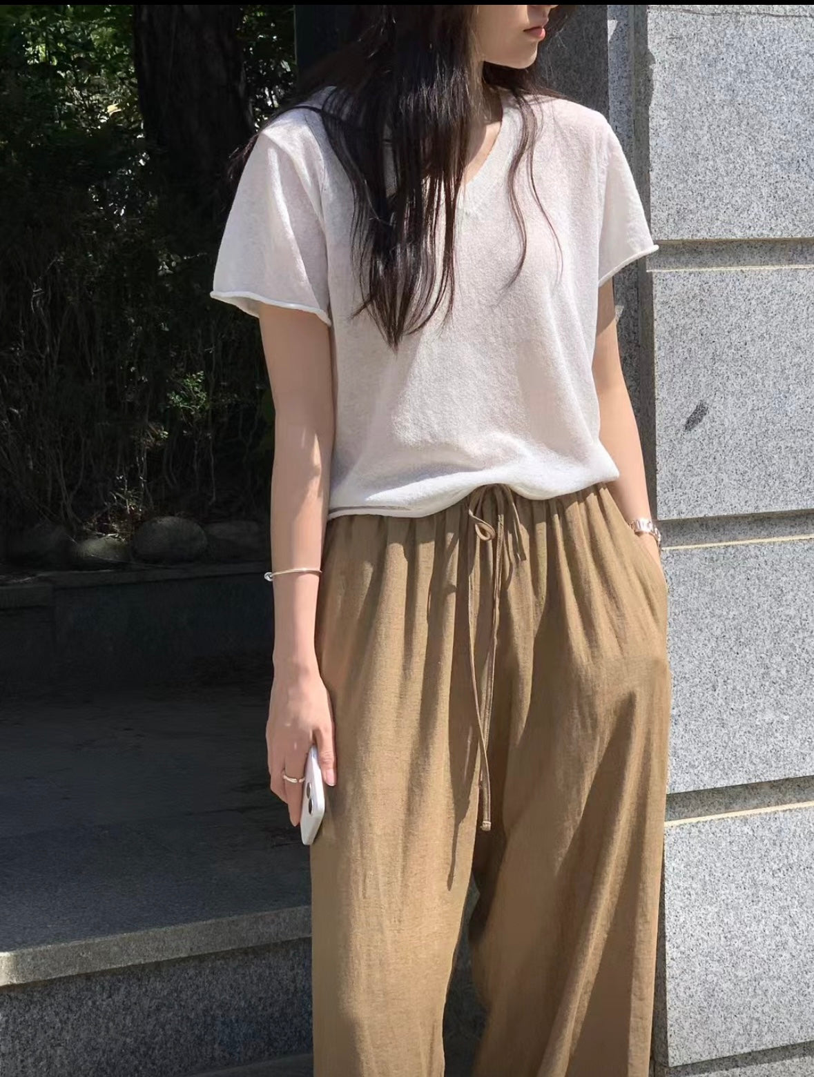 抽繩棉麻垂墜長褲