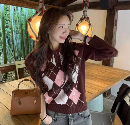 經典菱格紋學院風羊毛衣