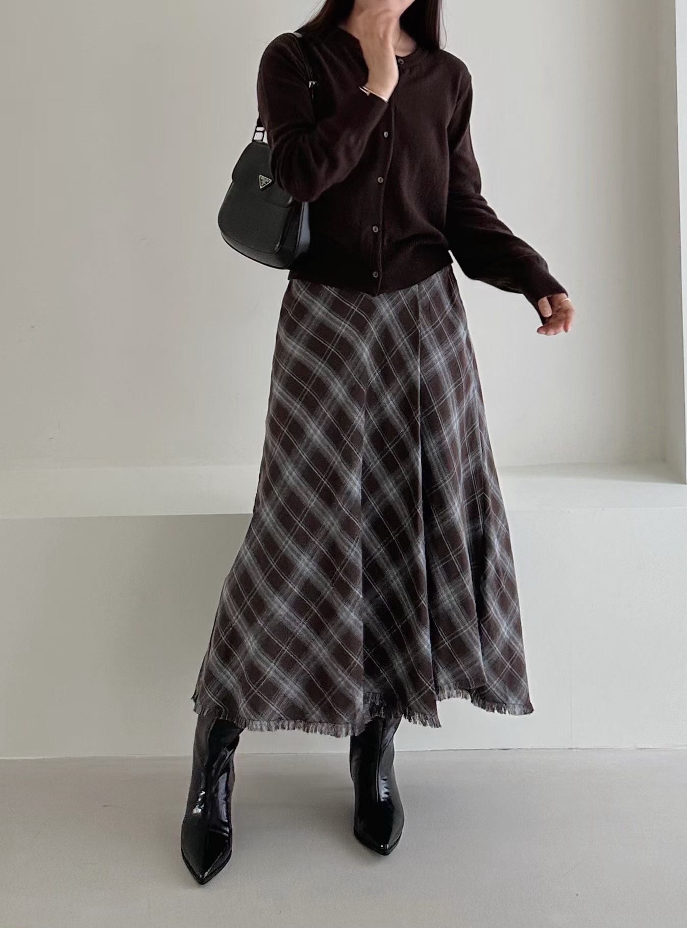 復古格紋半身長裙